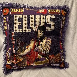 ELVIS PRESLEY HANDMADE PILLOW MADE FROM ELVIS FABRIC PURPLE LACE TRIM 16 X 16’